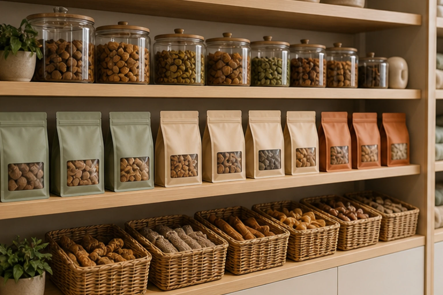 premium pet food wall with matte bags treat jars and oak shelving