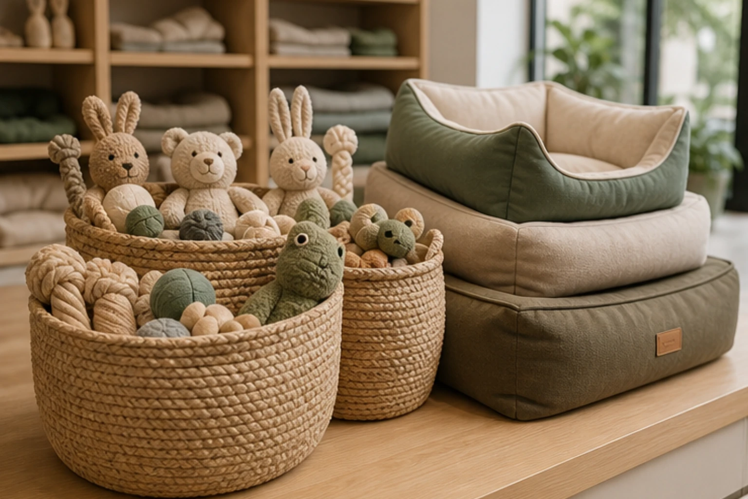 woven baskets filled with premium pet toys beside soft dog beds