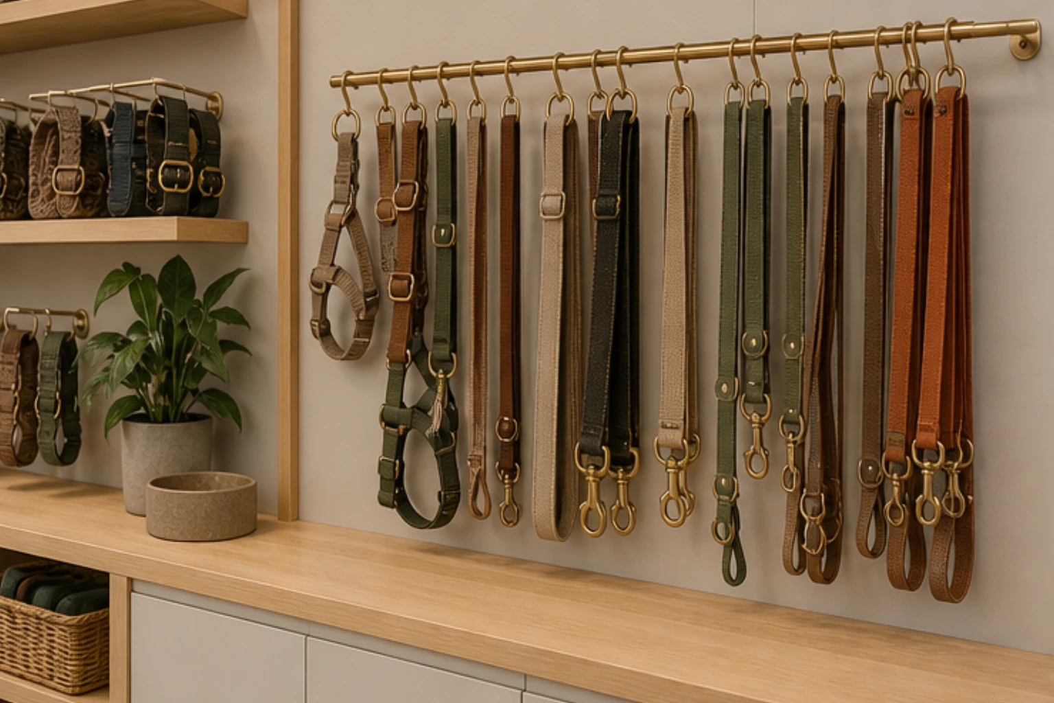 leash and collar bar with organized hooks neutral straps and brass details