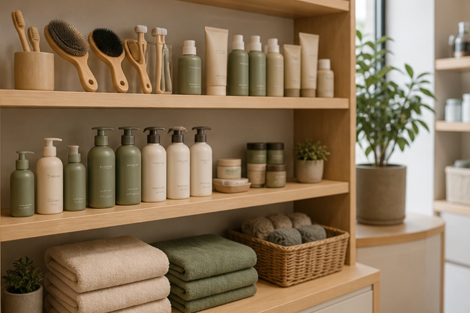 grooming shelf with brushes shampoos towels and calm retail styling
