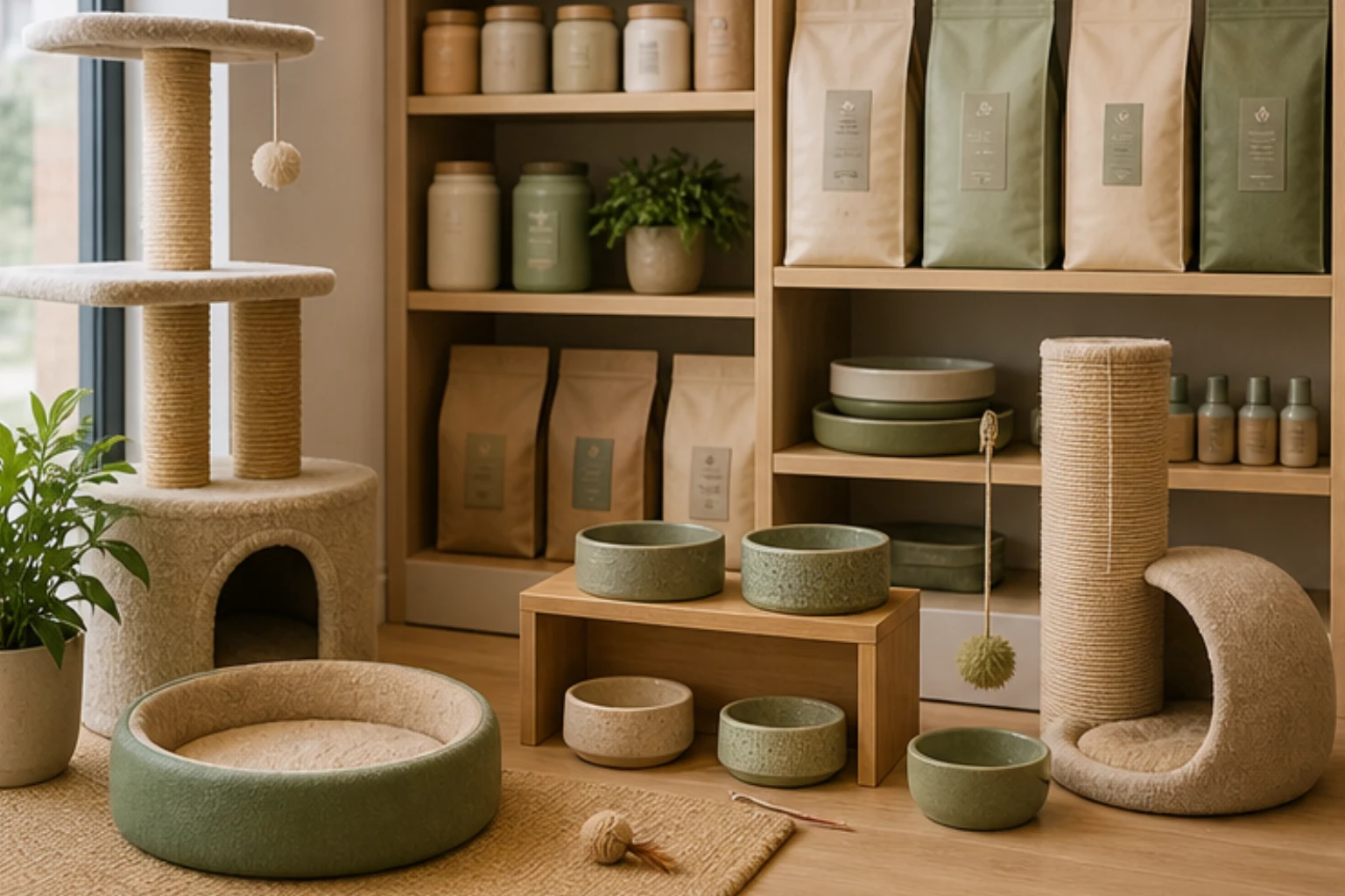 cat supplies corner with scratching posts bowls and quiet premium packaging