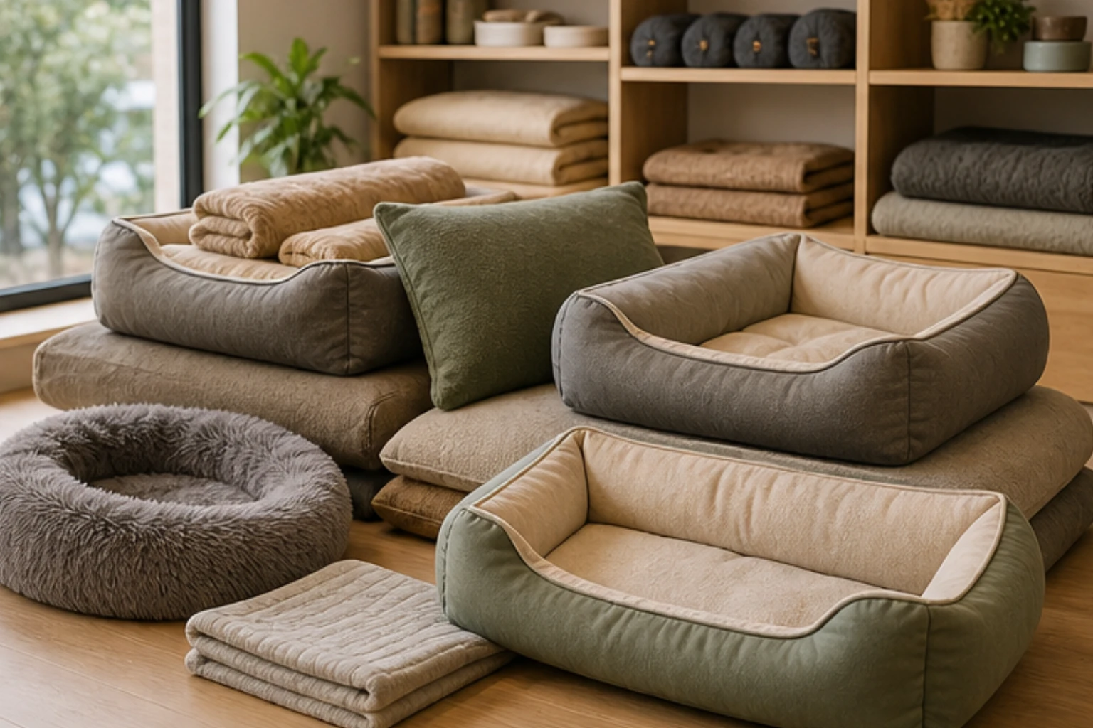premium dog bed display with layered textiles cushions and neutral lighting