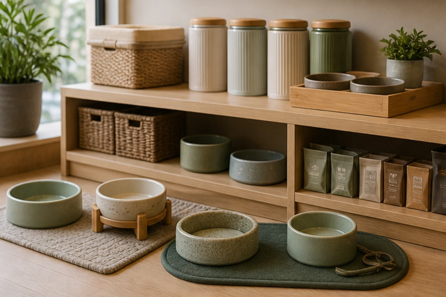 feeding zone with ceramic pet bowls placemats and storage canisters