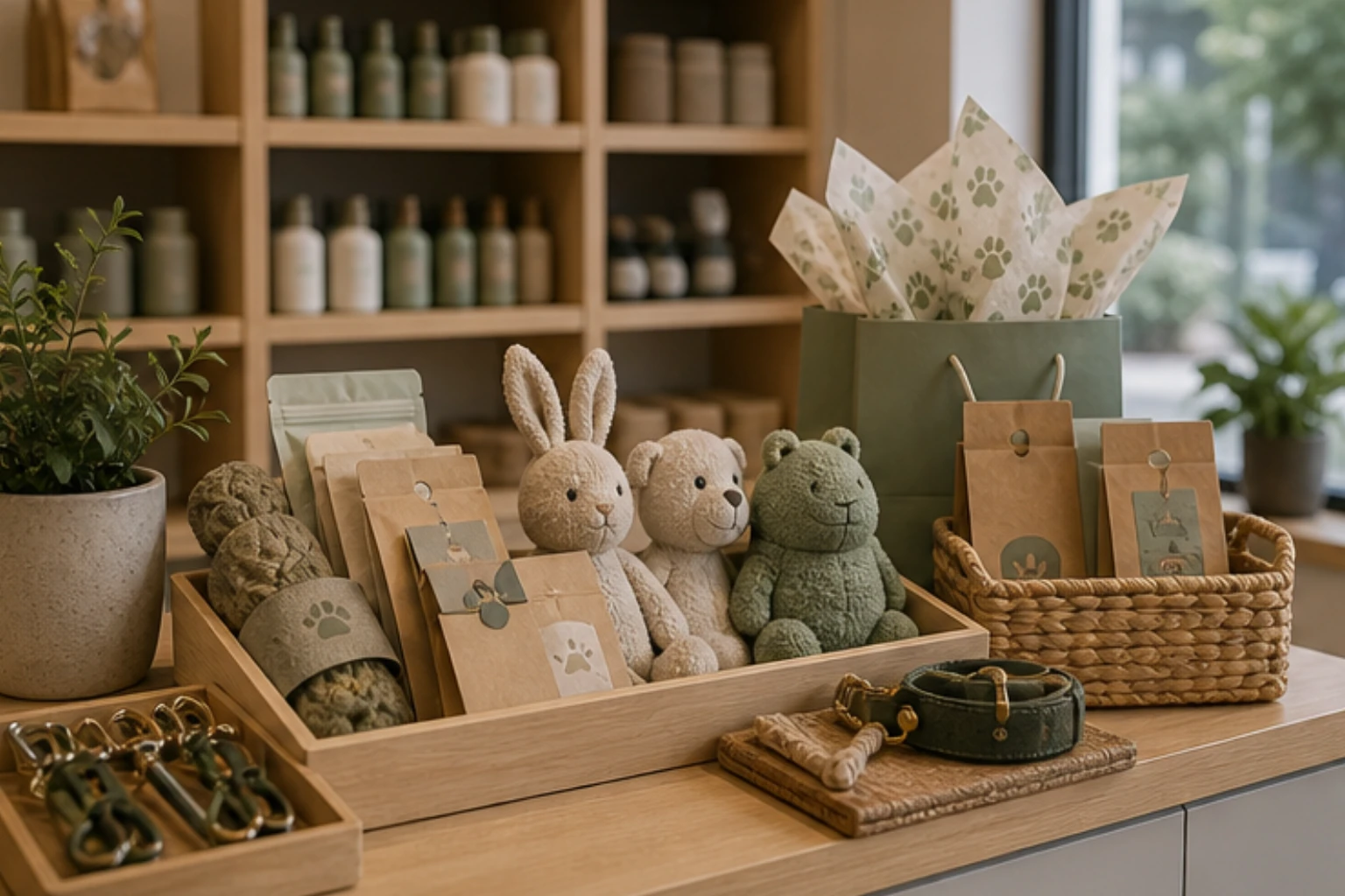 checkout shelf with pet gift items tags tissue wraps and calm boutique styling
