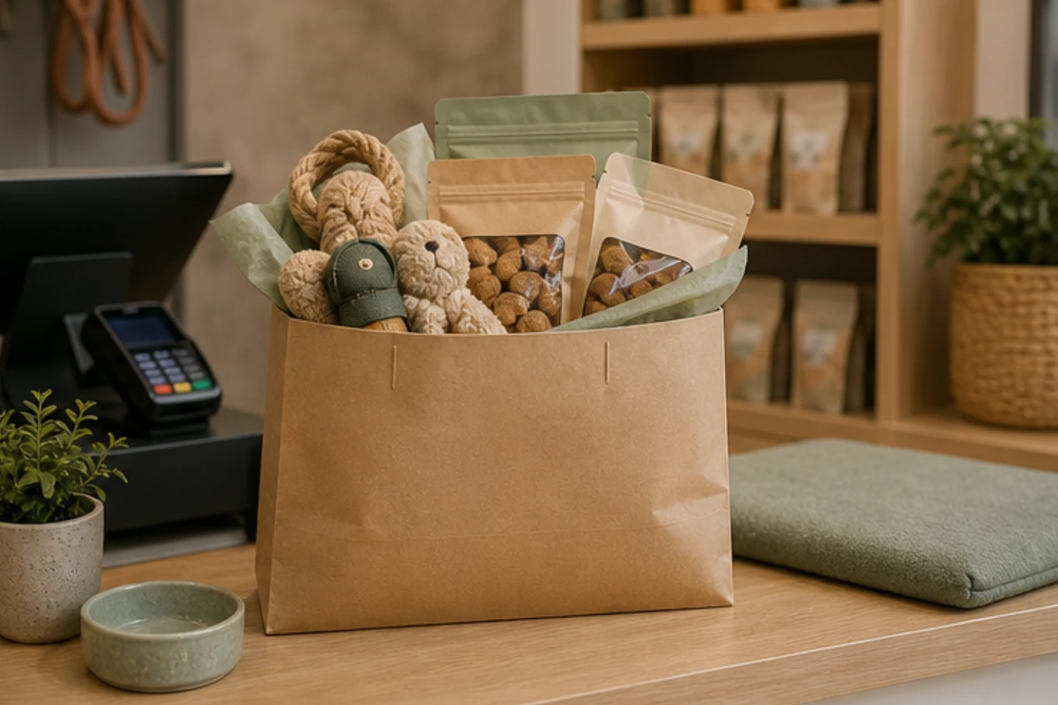 pet store pickup bag with treats toys and a composed order handoff counter
