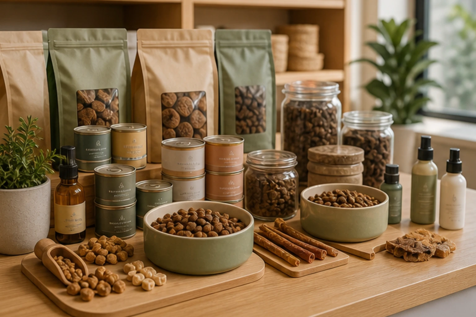 premium pet food edit with dry food cans treats and nutrition accessories