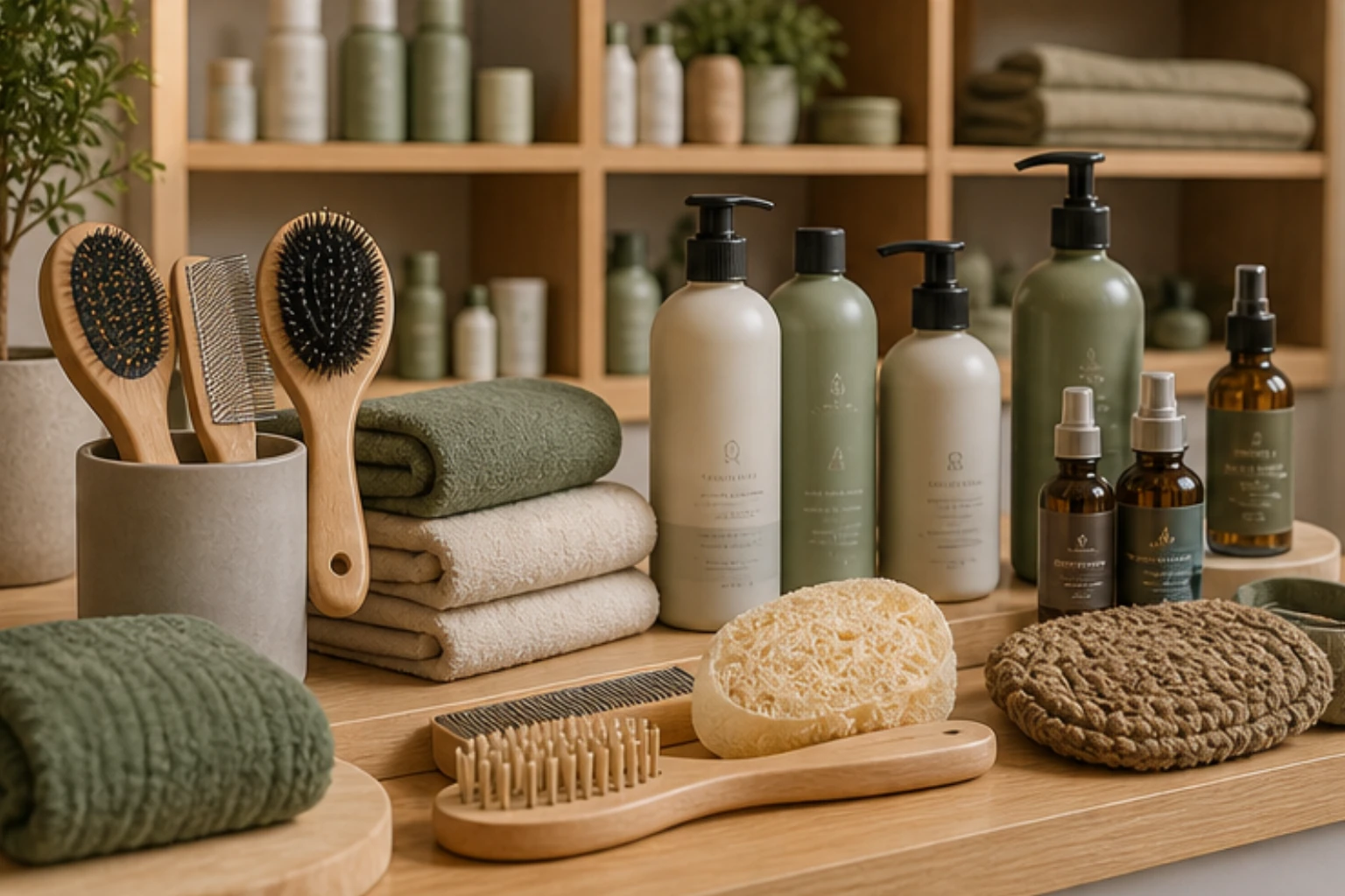 grooming and care kit with brushes shampoos towels and pet-safe bottles