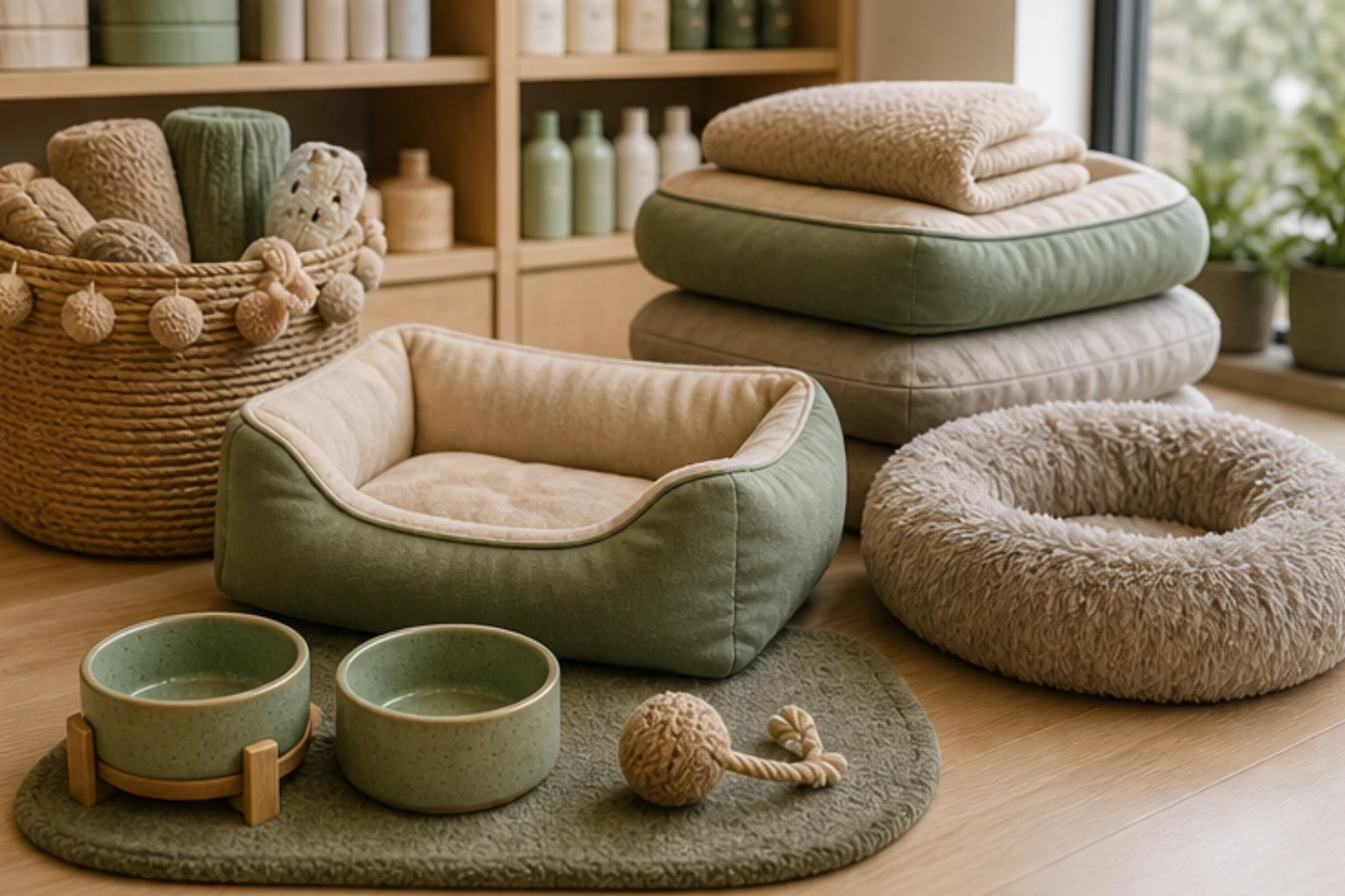 home comfort pet edit with beds blankets bowls and quiet interior styling